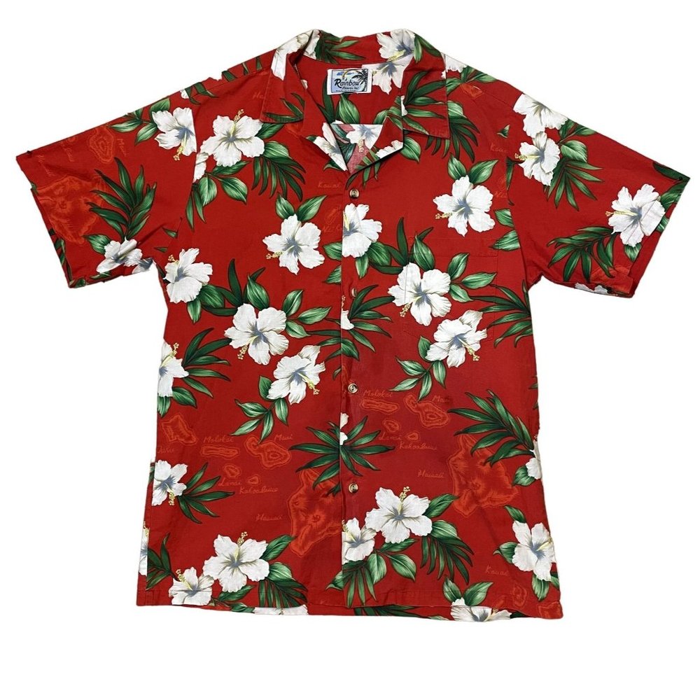 Rainbow Made in Hawaii Red White Green Floral Men's Short Sleeve Hawaiian Shirt